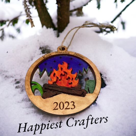 Custom Campfire with Tent Ornament , Wood Camp Decor, Flames Camping Decoration - Music City Acrylics