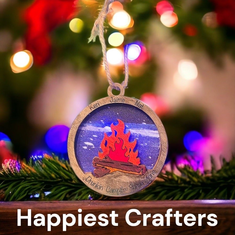 Custom Campfire with Tent Ornament , Wood Camp Decor, Flames Camping Decoration - Music City Acrylics