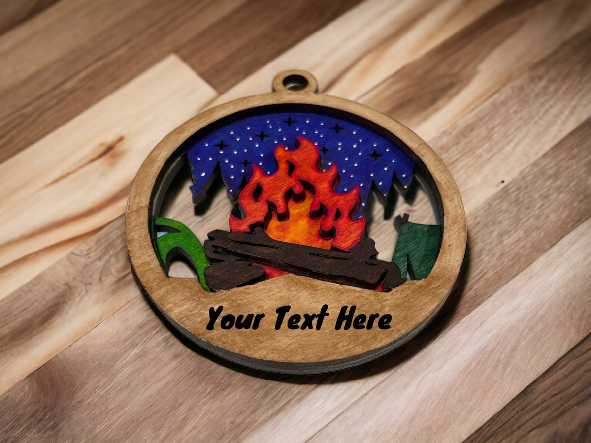 Custom Campfire with Tent Ornament , Wood Camp Decor, Flames Camping Decoration - Music City Acrylics