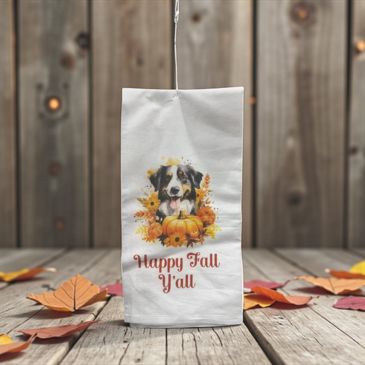 Fall Dog Tea Towels – Autumn Kitchen Towel – Happy Fall Y’all, Aussie with Pumpkins, Thanksgiving Decor - Music City Acrylics