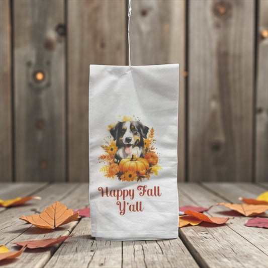 Fall Dog Tea Towels – Autumn Kitchen Towel – Happy Fall Y’all, Aussie with Pumpkins, Thanksgiving Decor - The Happiest Co. LLC