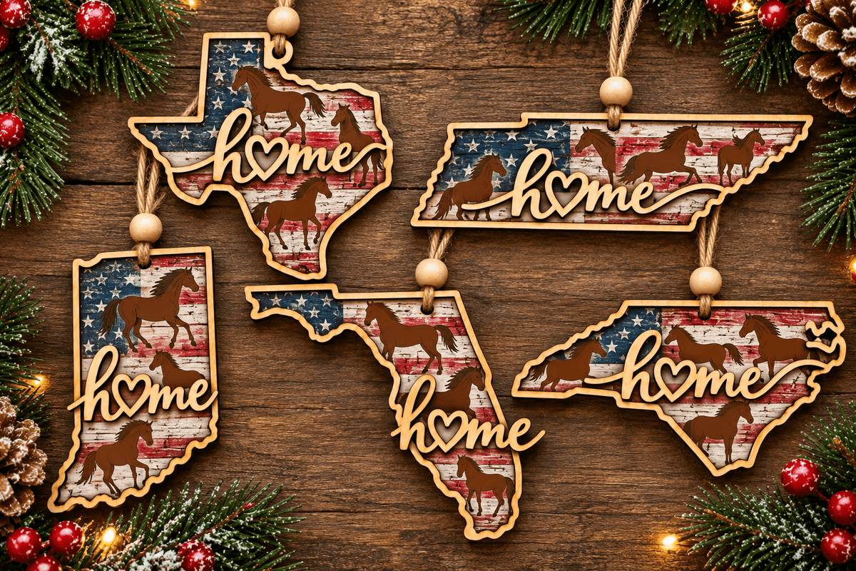 Horse Home State Ornament | Personalized State Christmas Ornament | Rustic Horse Lover Gift - The Happiest Co. LLC