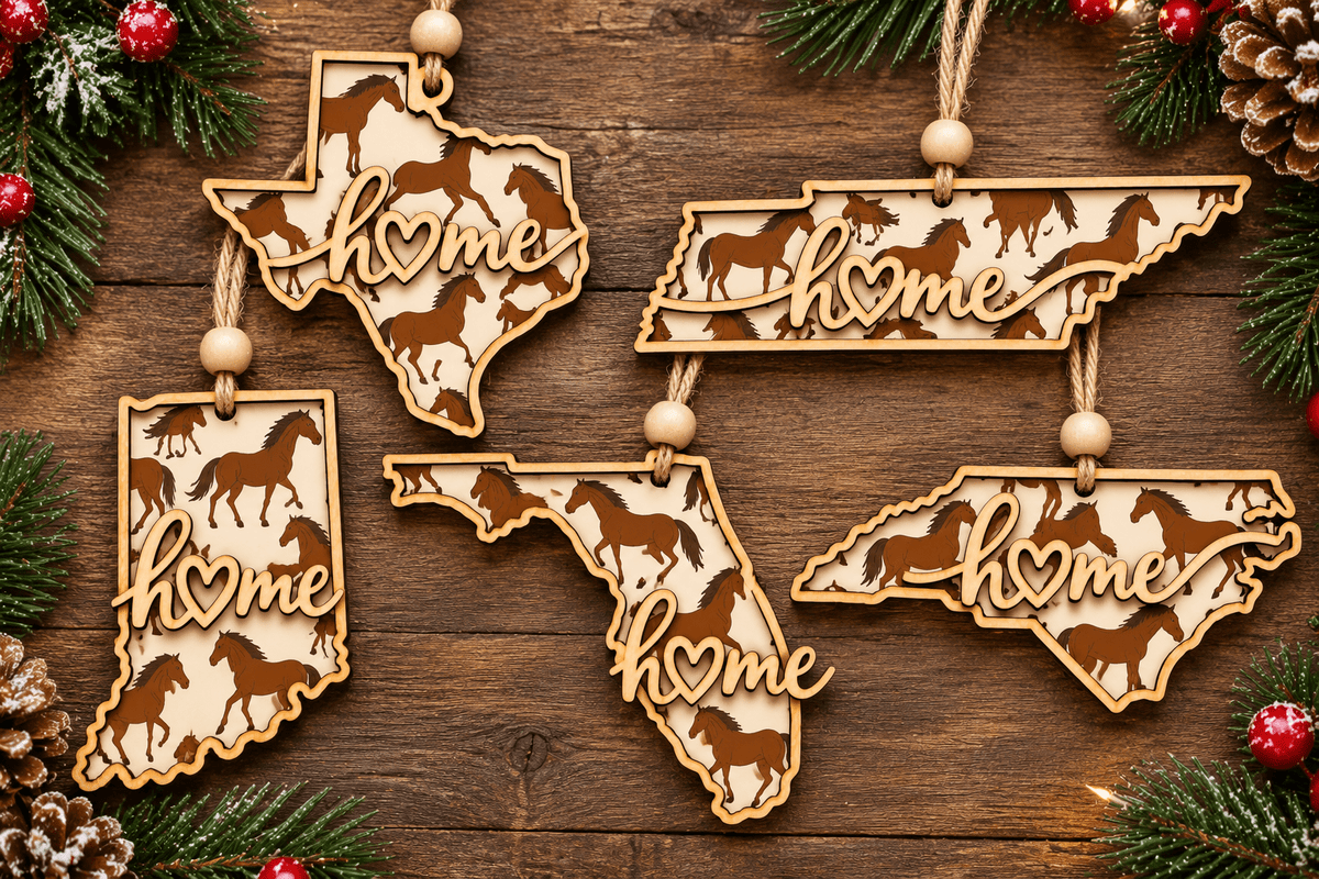 Horse Home State Ornament | Personalized State Christmas Ornament | Rustic Horse Lover Gift - The Happiest Co. LLC