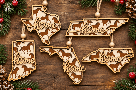 Horse Home State Ornament | Personalized State Christmas Ornament | Rustic Horse Lover Gift - The Happiest Co. LLC