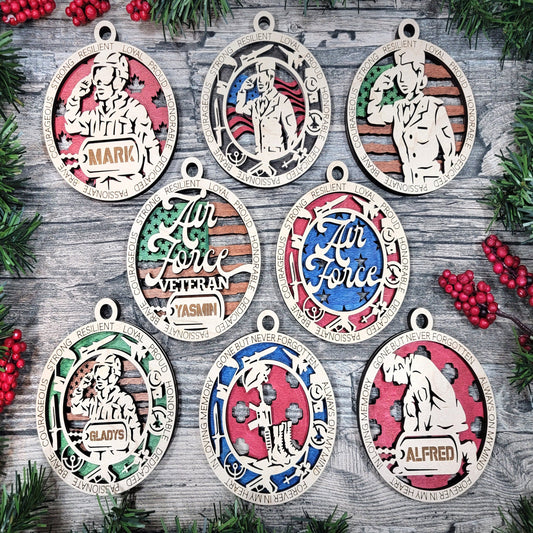 Personalized Wooden Armed Services Ornaments , Honor Military Service - Music City Acrylics