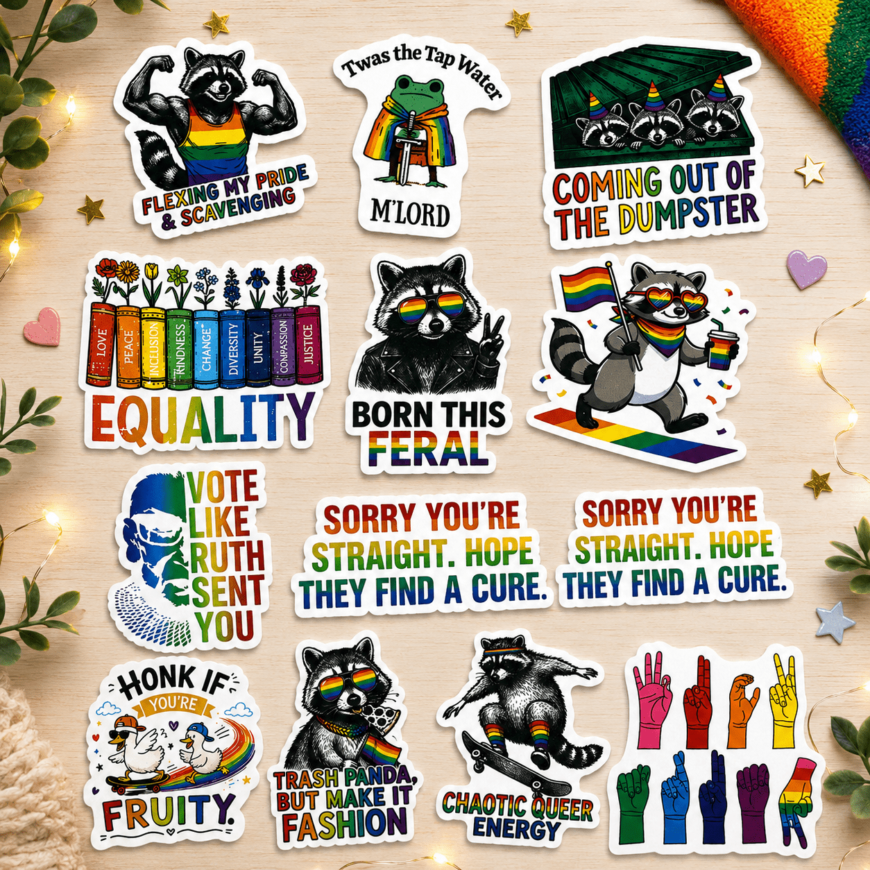 Pride Raccoon Sticker Pack – Funny LGBTQ+ Vinyl Stickers | Waterproof Decals | Queer Humor Stickers | Laptop, Water Bottle, Tumbler Stickers - Music City Acrylics